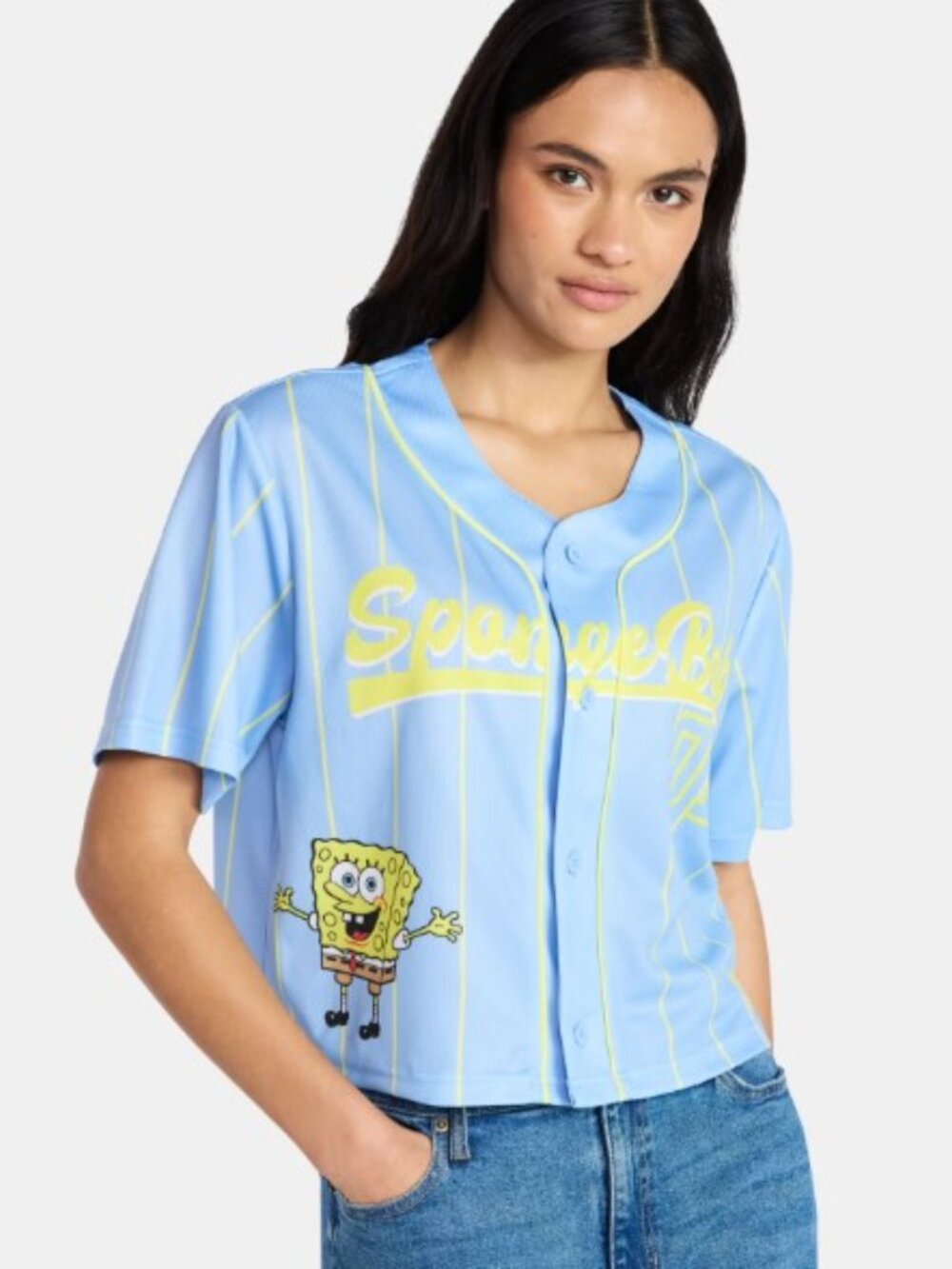 Nickelodeon SpongeBob Cropped Baseball Jersey Blue Yellow Mesh Women’s XXS NWT